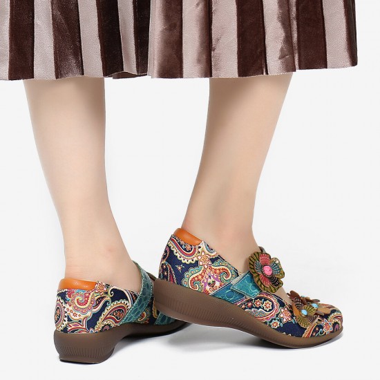 SOCOFY Retro Splicing Flowers Pattern Flat Hook Loop Leather Shoes SOCOFY Retro Splicing Flowers Pattern Flat Hook Loop Leather Shoes