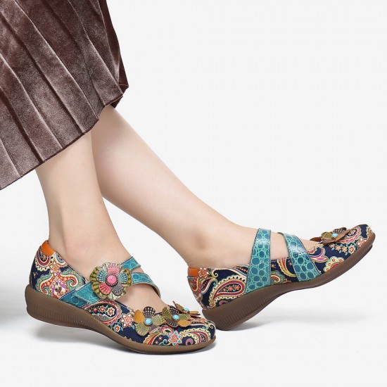 SOCOFY Retro Splicing Flowers Pattern Flat Hook Loop Leather Shoes SOCOFY Retro Splicing Flowers Pattern Flat Hook Loop Leather Shoes
