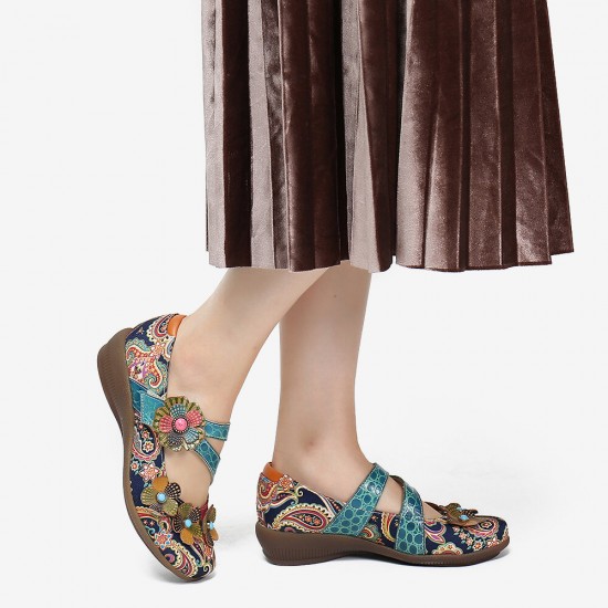 SOCOFY Retro Splicing Flowers Pattern Flat Hook Loop Leather Shoes SOCOFY Retro Splicing Flowers Pattern Flat Hook Loop Leather Shoes
