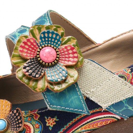 SOCOFY Retro Splicing Flowers Pattern Flat Hook Loop Leather Shoes SOCOFY Retro Splicing Flowers Pattern Flat Hook Loop Leather Shoes