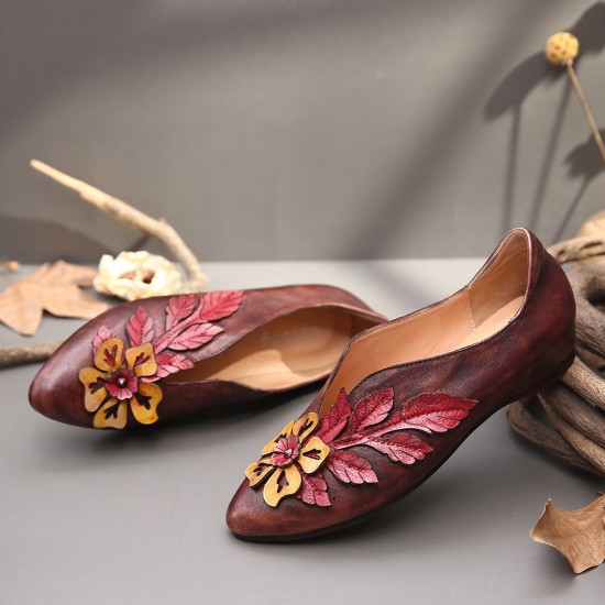 SOCOFY Retro Rainforest Splicing Floral Leaves Elegant Leather Comfy Flat Shoes SOCOFY Retro Rainforest Splicing Floral Leaves Elegant Leather Comfy Flat Shoes