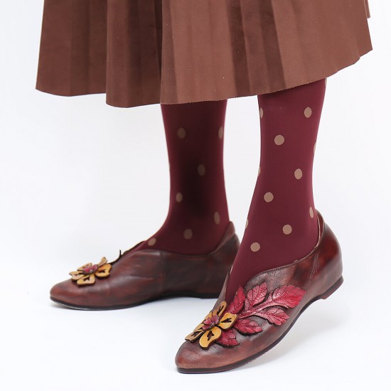 SOCOFY Retro Rainforest Splicing Floral Leaves Elegant Leather Comfy Flat Shoes SOCOFY Retro Rainforest Splicing Floral Leaves Elegant Leather Comfy Flat Shoes