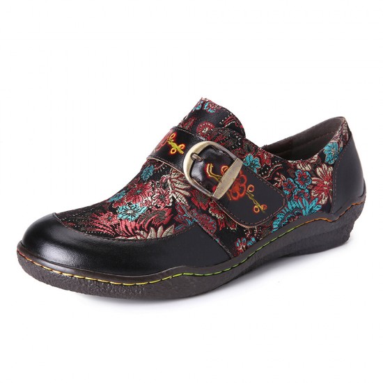 SOCOFY Retro Flowers Embroidery Leather Embossed Plum Blossom Buckle Slip On Flat Shoes SOCOFY Retro Flowers Embroidery Leather Embossed Plum Blossom Buckle Slip On Flat Shoes