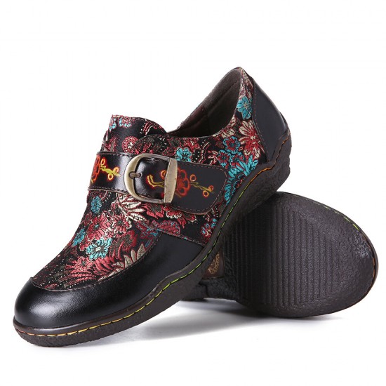 SOCOFY Retro Flowers Embroidery Leather Embossed Plum Blossom Buckle Slip On Flat Shoes SOCOFY Retro Flowers Embroidery Leather Embossed Plum Blossom Buckle Slip On Flat Shoes