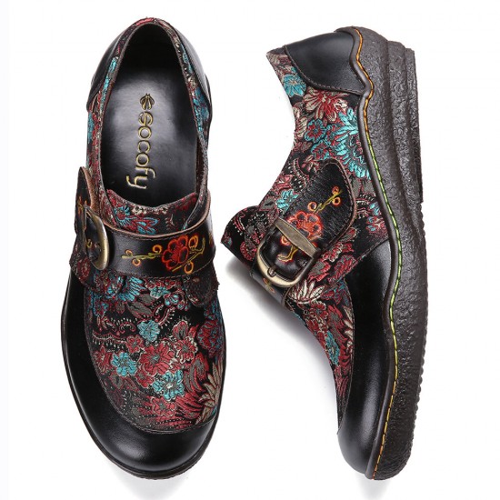 SOCOFY Retro Flowers Embroidery Leather Embossed Plum Blossom Buckle Slip On Flat Shoes SOCOFY Retro Flowers Embroidery Leather Embossed Plum Blossom Buckle Slip On Flat Shoes