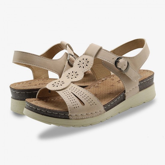 Women Hollow Out Breathable Open Toe Buckle Casual Summer Wedge Sandals Women Hollow Out Breathable Open Toe Buckle Casual Summer Wedge Sandals