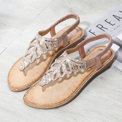 Women Exquisite Leaf Rhinestone Beach Clip Toe Soft Flat Sandals