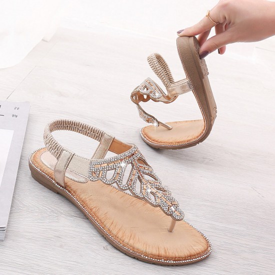 Women Exquisite Leaf Rhinestone Beach Clip Toe Soft Flat Sandals Women Exquisite Leaf Rhinestone Beach Clip Toe Soft Flat Sandals