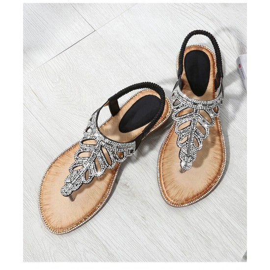 Women Exquisite Leaf Rhinestone Beach Clip Toe Soft Flat Sandals Women Exquisite Leaf Rhinestone Beach Clip Toe Soft Flat Sandals