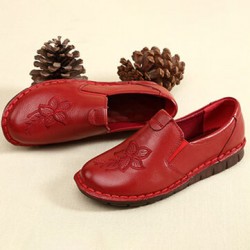 SOCOFY Folkways Embroidered Floral Cowhide Soft Sole Slip On Flat Leather Shoes