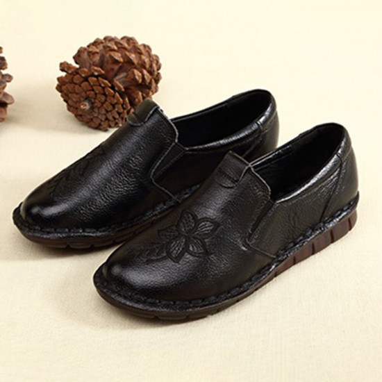 SOCOFY Folkways Embroidered Floral Cowhide Soft Sole Slip On Flat Leather Shoes SOCOFY Folkways Embroidered Floral Cowhide Soft Sole Slip On Flat Leather Shoes