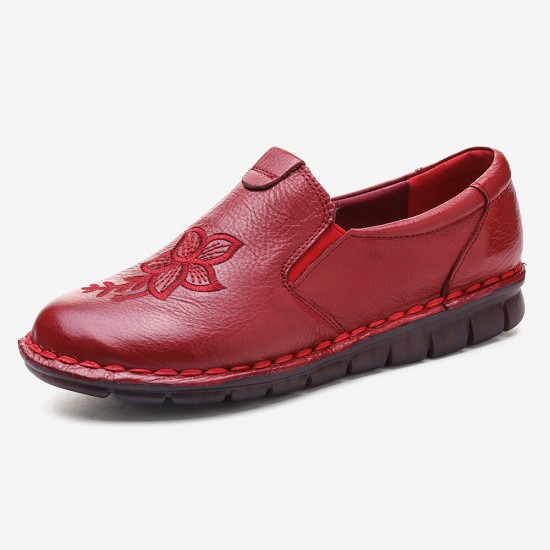 SOCOFY Folkways Embroidered Floral Cowhide Soft Sole Slip On Flat Leather Shoes SOCOFY Folkways Embroidered Floral Cowhide Soft Sole Slip On Flat Leather Shoes