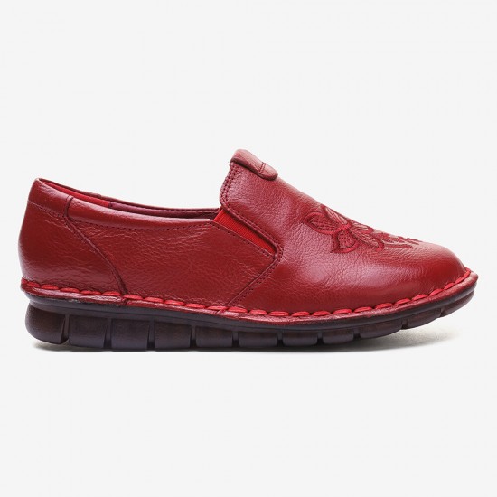 SOCOFY Folkways Embroidered Floral Cowhide Soft Sole Slip On Flat Leather Shoes SOCOFY Folkways Embroidered Floral Cowhide Soft Sole Slip On Flat Leather Shoes