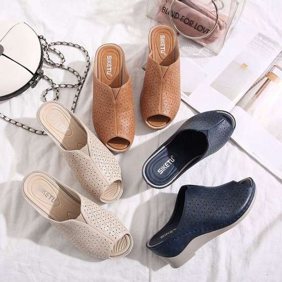Women Breathable Hollow-out Peep Toe Wedges Sandals Women Breathable Hollow-out Peep Toe Wedges Sandals