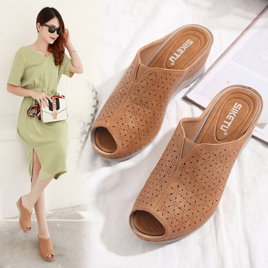 Women Breathable Hollow-out Peep Toe Wedges Sandals Women Breathable Hollow-out Peep Toe Wedges Sandals