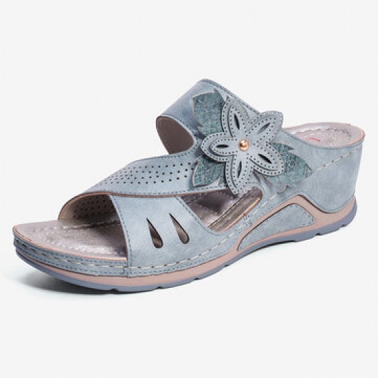 LOSTISY Women Flower Decoration Slip On Hollow Out Soft Casual Wedge Sandals LOSTISY Women Flower Decoration Slip On Hollow Out Soft Casual Wedge Sandals