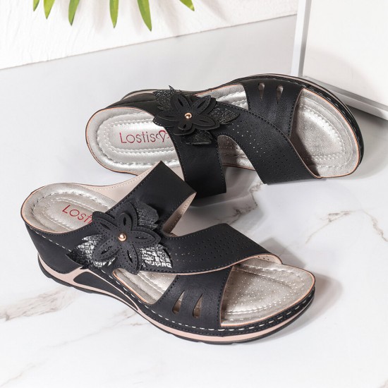 LOSTISY Women Flower Decoration Slip On Hollow Out Soft Casual Wedge Sandals LOSTISY Women Flower Decoration Slip On Hollow Out Soft Casual Wedge Sandals
