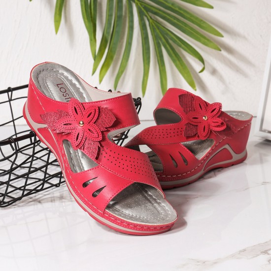 LOSTISY Women Flower Decoration Slip On Hollow Out Soft Casual Wedge Sandals LOSTISY Women Flower Decoration Slip On Hollow Out Soft Casual Wedge Sandals