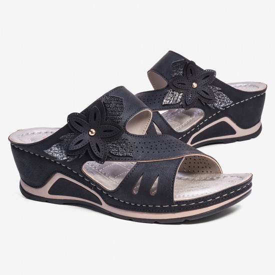 LOSTISY Women Flower Decoration Slip On Hollow Out Soft Casual Wedge Sandals LOSTISY Women Flower Decoration Slip On Hollow Out Soft Casual Wedge Sandals