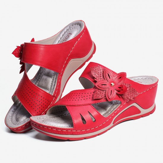 LOSTISY Women Flower Decoration Slip On Hollow Out Soft Casual Wedge Sandals LOSTISY Women Flower Decoration Slip On Hollow Out Soft Casual Wedge Sandals