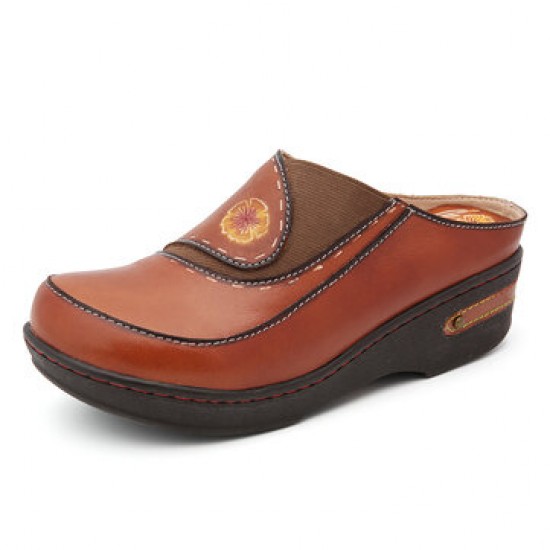 SOCOFY Leather Flower Elastic Splicing Slip-on Mules Clogs Non-slip Wedges Sandals SOCOFY Leather Flower Elastic Splicing Slip-on Mules Clogs Non-slip Wedges Sandals