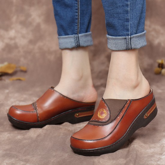 SOCOFY Leather Flower Elastic Splicing Slip-on Mules Clogs Non-slip Wedges Sandals SOCOFY Leather Flower Elastic Splicing Slip-on Mules Clogs Non-slip Wedges Sandals