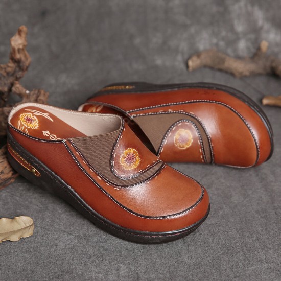 SOCOFY Leather Flower Elastic Splicing Slip-on Mules Clogs Non-slip Wedges Sandals SOCOFY Leather Flower Elastic Splicing Slip-on Mules Clogs Non-slip Wedges Sandals