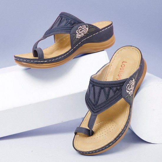 LOSTISY Women Flower Embroidery Toe Ring Comfy Casual Daily Summer Wedge Sandals LOSTISY Women Flower Embroidery Toe Ring Comfy Casual Daily Summer Wedge Sandals