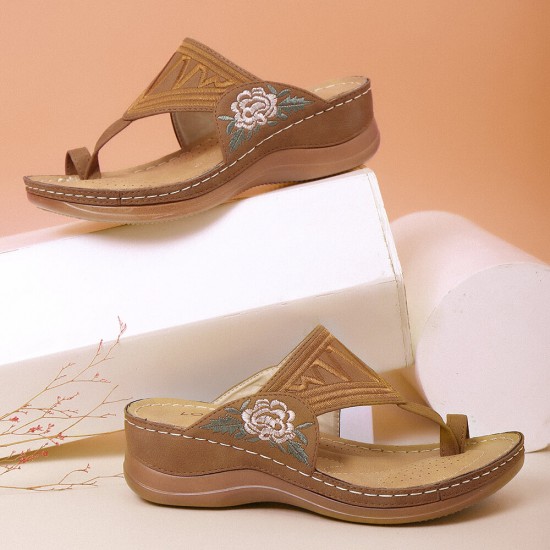 LOSTISY Women Flower Embroidery Toe Ring Comfy Casual Daily Summer Wedge Sandals LOSTISY Women Flower Embroidery Toe Ring Comfy Casual Daily Summer Wedge Sandals