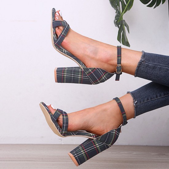 Women Plaid Cross Strap Lattice Decor Buckle High Heel Sandals Women Plaid Cross Strap Lattice Decor Buckle High Heel Sandals