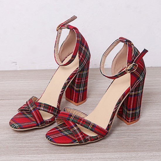 Women Plaid Cross Strap Lattice Decor Buckle High Heel Sandals Women Plaid Cross Strap Lattice Decor Buckle High Heel Sandals