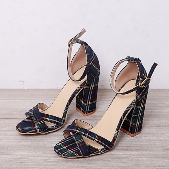 Women Plaid Cross Strap Lattice Decor Buckle High Heel Sandals Women Plaid Cross Strap Lattice Decor Buckle High Heel Sandals