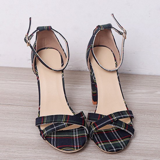 Women Plaid Cross Strap Lattice Decor Buckle High Heel Sandals Women Plaid Cross Strap Lattice Decor Buckle High Heel Sandals