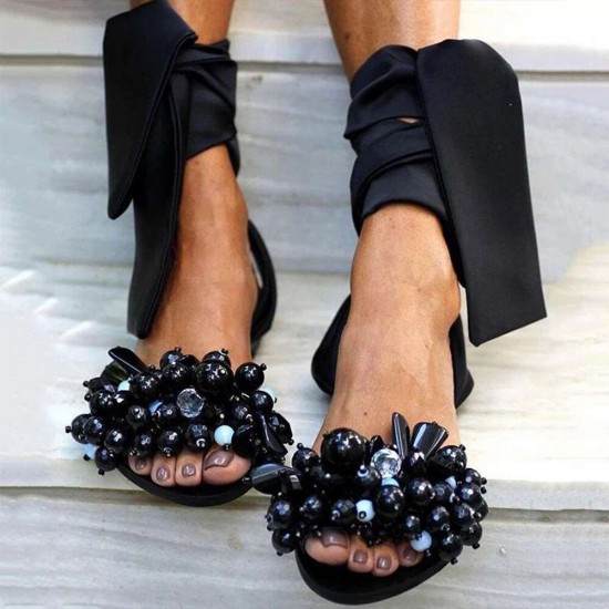 Women Beading Strappy Tie Leg Flat Sandals Women Beading Strappy Tie Leg Flat Sandals
