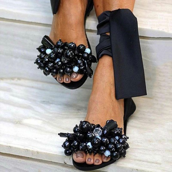 Women Beading Strappy Tie Leg Flat Sandals Women Beading Strappy Tie Leg Flat Sandals