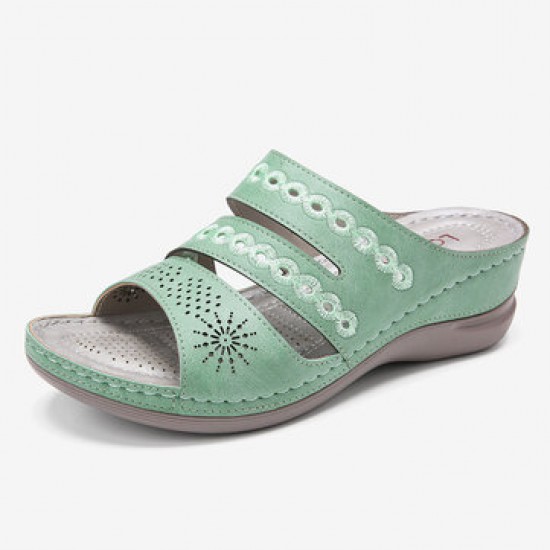 LOSTISY Women Embroidery Cutout Open Toe Slip On Casual Wedge Sandals LOSTISY Women Embroidery Cutout Open Toe Slip On Casual Wedge Sandals