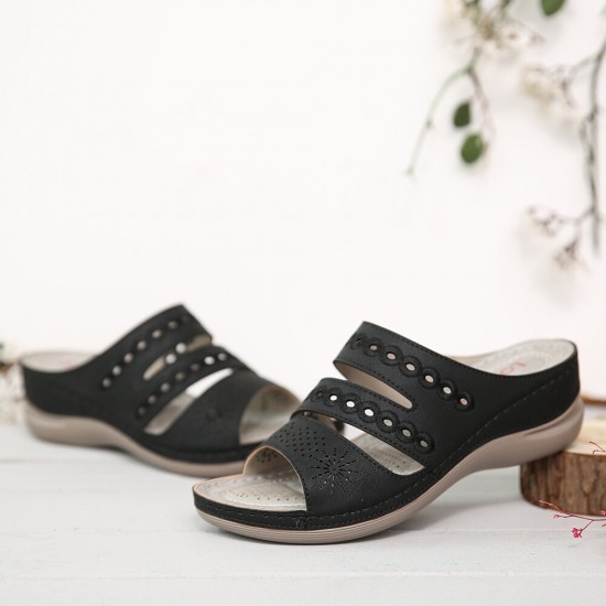 LOSTISY Women Embroidery Cutout Open Toe Slip On Casual Wedge Sandals LOSTISY Women Embroidery Cutout Open Toe Slip On Casual Wedge Sandals