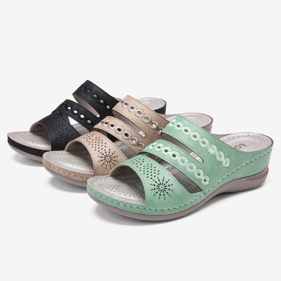 LOSTISY Women Embroidery Cutout Open Toe Slip On Casual Wedge Sandals LOSTISY Women Embroidery Cutout Open Toe Slip On Casual Wedge Sandals