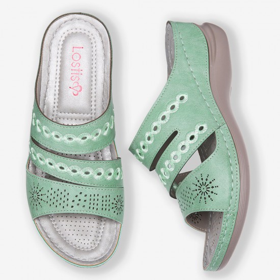 LOSTISY Women Embroidery Cutout Open Toe Slip On Casual Wedge Sandals LOSTISY Women Embroidery Cutout Open Toe Slip On Casual Wedge Sandals