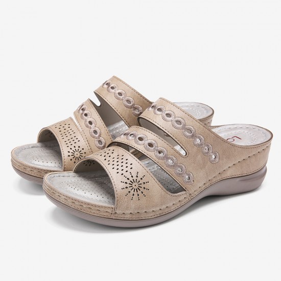 LOSTISY Women Embroidery Cutout Open Toe Slip On Casual Wedge Sandals LOSTISY Women Embroidery Cutout Open Toe Slip On Casual Wedge Sandals