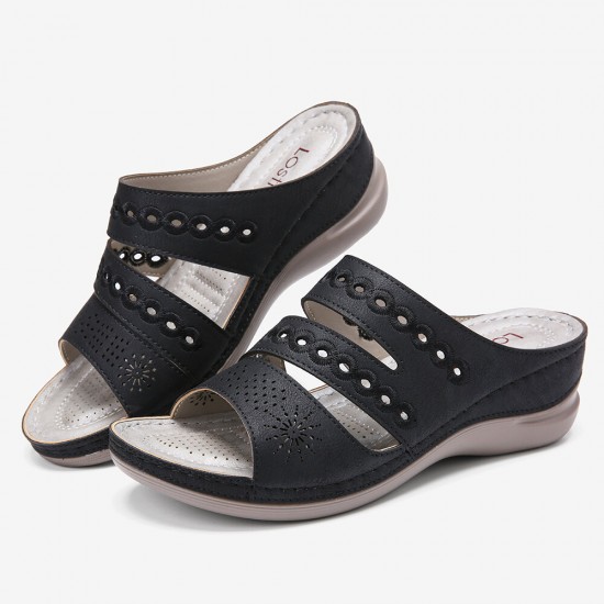 LOSTISY Women Embroidery Cutout Open Toe Slip On Casual Wedge Sandals LOSTISY Women Embroidery Cutout Open Toe Slip On Casual Wedge Sandals