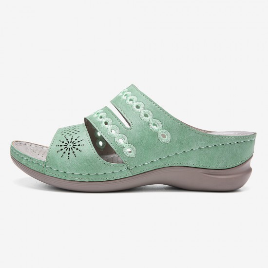 LOSTISY Women Embroidery Cutout Open Toe Slip On Casual Wedge Sandals LOSTISY Women Embroidery Cutout Open Toe Slip On Casual Wedge Sandals
