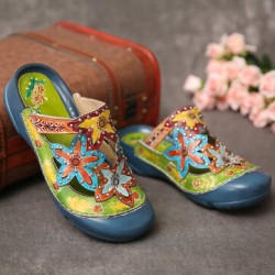 SOCOFY Handmade Leather Studded Floral Slip-on Flat Slides Mules Clogs Sandals