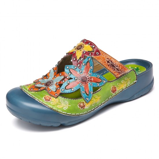 SOCOFY Handmade Leather Studded Floral Slip-on Flat Slides Mules Clogs Sandals SOCOFY Handmade Leather Studded Floral Slip-on Flat Slides Mules Clogs Sandals