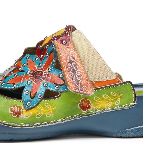 SOCOFY Handmade Leather Studded Floral Slip-on Flat Slides Mules Clogs Sandals SOCOFY Handmade Leather Studded Floral Slip-on Flat Slides Mules Clogs Sandals