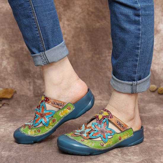 SOCOFY Handmade Leather Studded Floral Slip-on Flat Slides Mules Clogs Sandals SOCOFY Handmade Leather Studded Floral Slip-on Flat Slides Mules Clogs Sandals