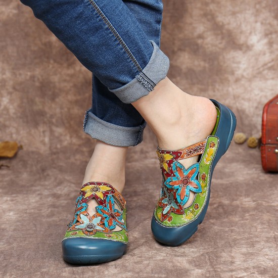 SOCOFY Handmade Leather Studded Floral Slip-on Flat Slides Mules Clogs Sandals SOCOFY Handmade Leather Studded Floral Slip-on Flat Slides Mules Clogs Sandals
