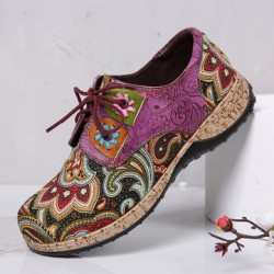SOCOFY Folkways Pattern Round Toe Leather Splicing Comfy Lace Up Flat Shoes