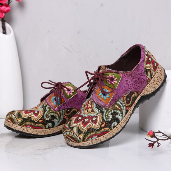 SOCOFY Folkways Pattern Round Toe Leather Splicing Comfy Lace Up Flat Shoes SOCOFY Folkways Pattern Round Toe Leather Splicing Comfy Lace Up Flat Shoes