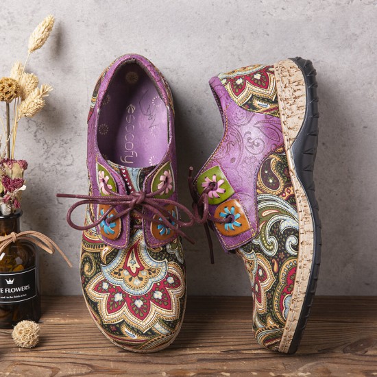 SOCOFY Folkways Pattern Round Toe Leather Splicing Comfy Lace Up Flat Shoes SOCOFY Folkways Pattern Round Toe Leather Splicing Comfy Lace Up Flat Shoes